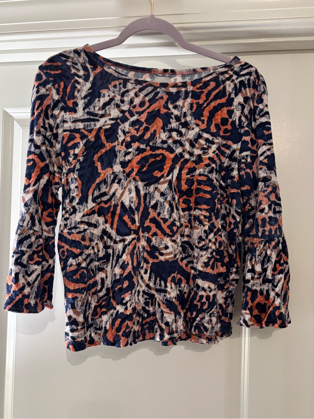 NIC+ZOE Navy, Rust & Cream Abstract Animal Print Long Sleeve Top